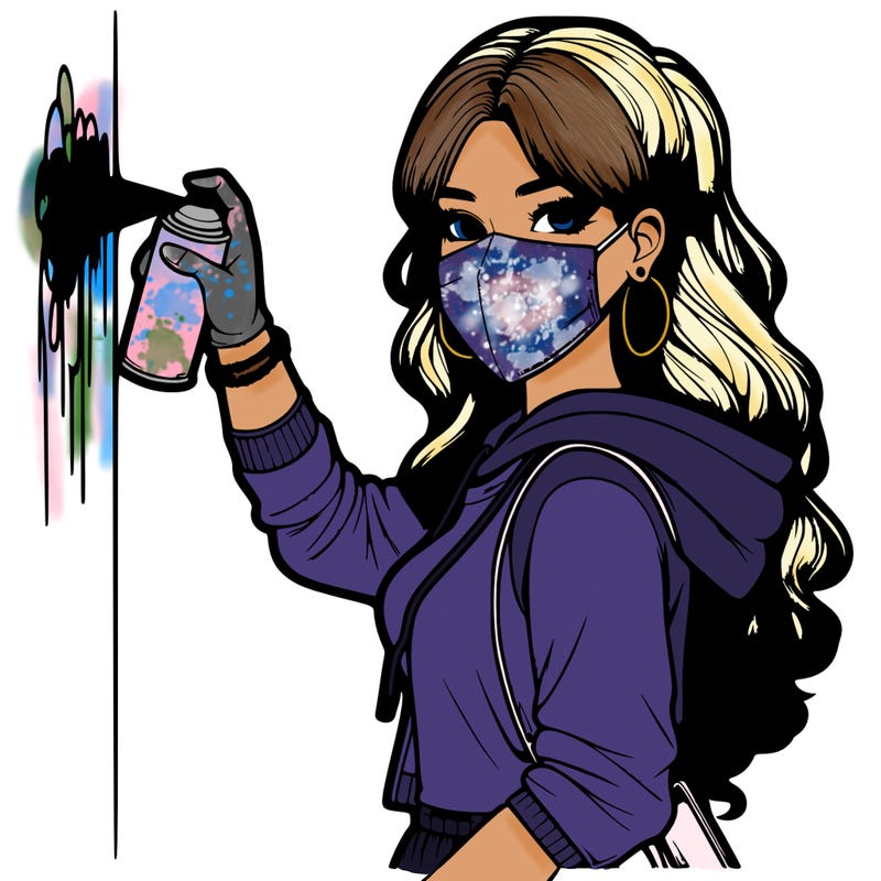 realistic girl with mask spray painting a wall