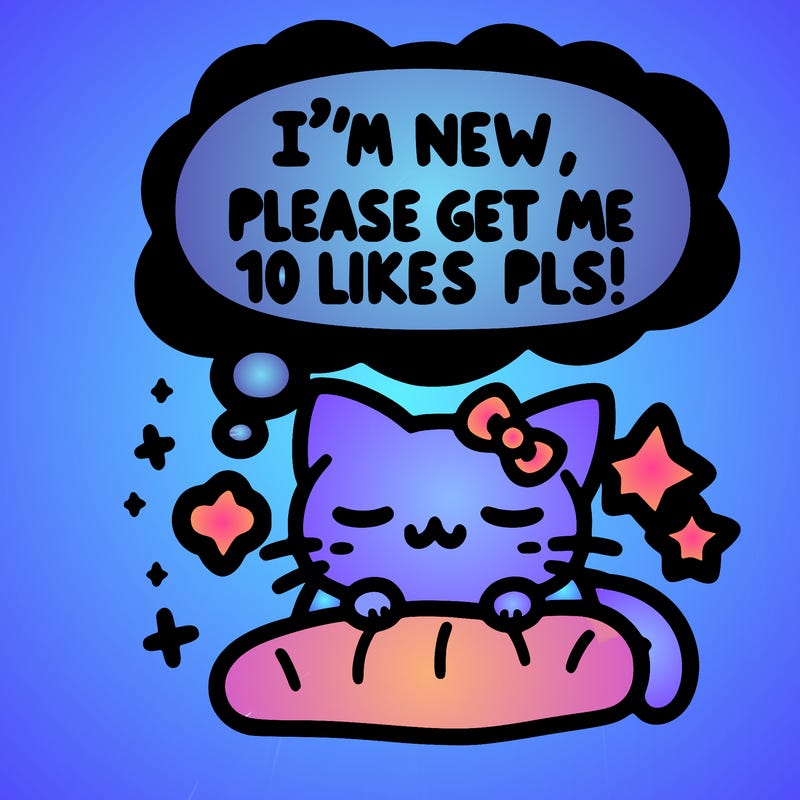 kitty taking a nap dream talking and saying "i'm new, please get me at least 10 likes pls!!"