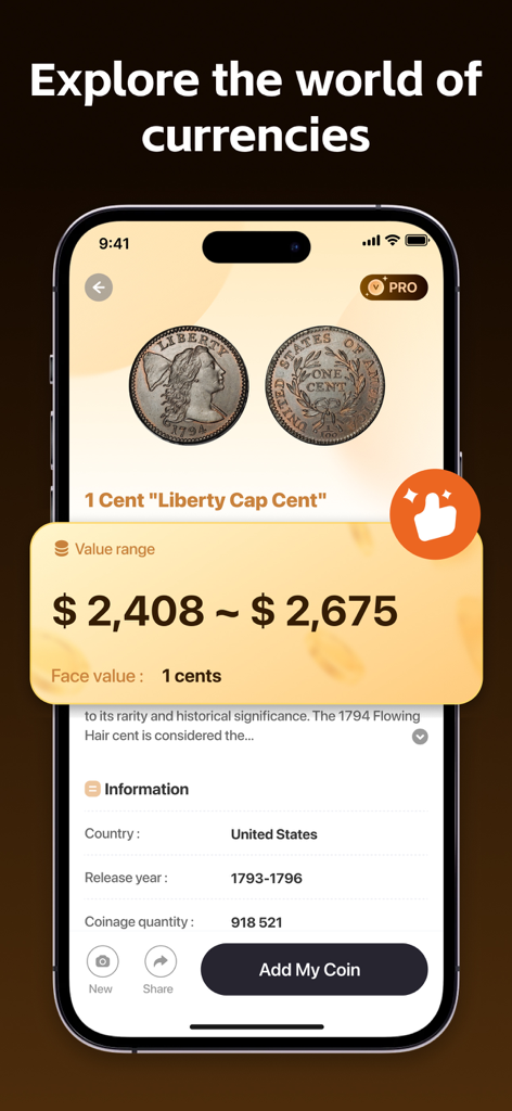 Coin Scanner & AI Identifier - Mobile app interface showing the AI identification and market value range of a rare US Liberty Cap Cent coin.