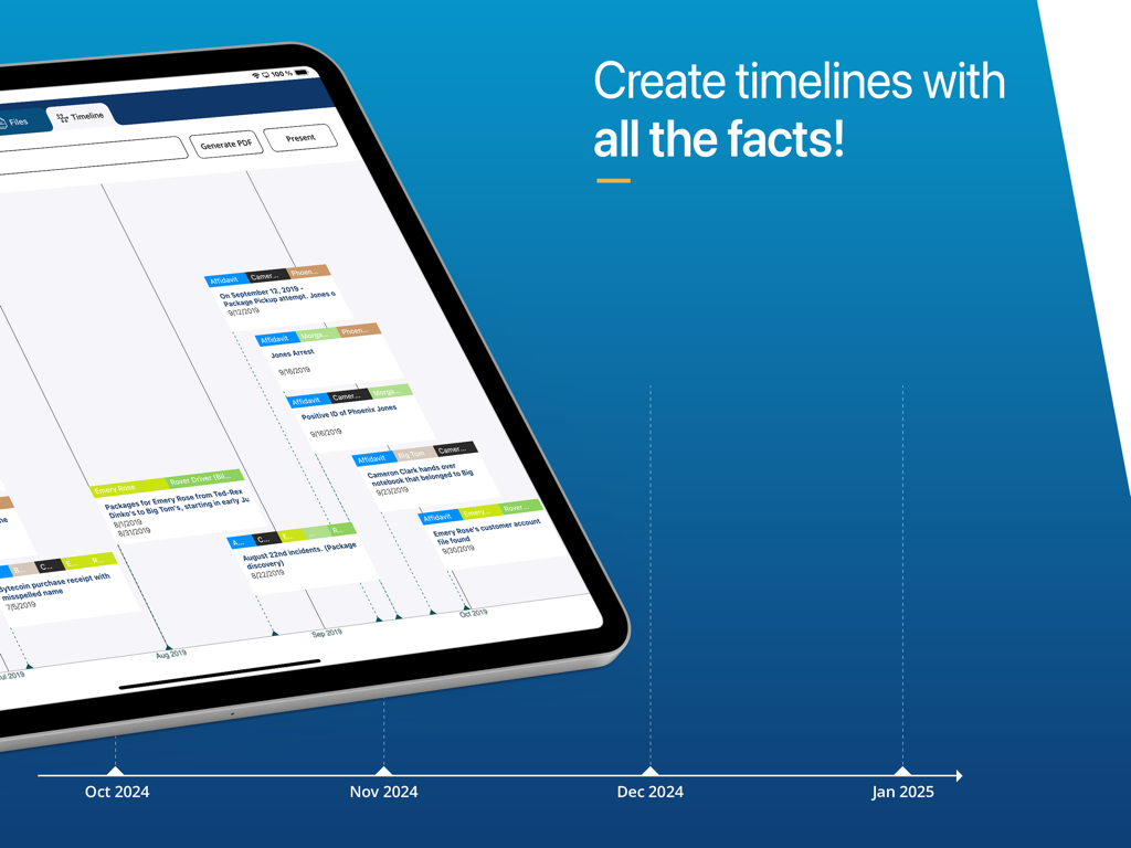 Case Crafter - Trial Presenter - A chronological legal timeline displayed on an iPad screen within the Case Crafter app.