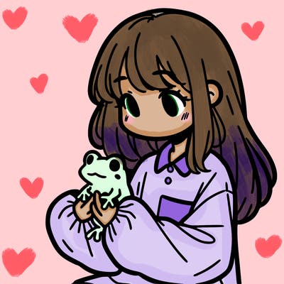 girl with long hair and a oversized shirt. and she is holding a frog