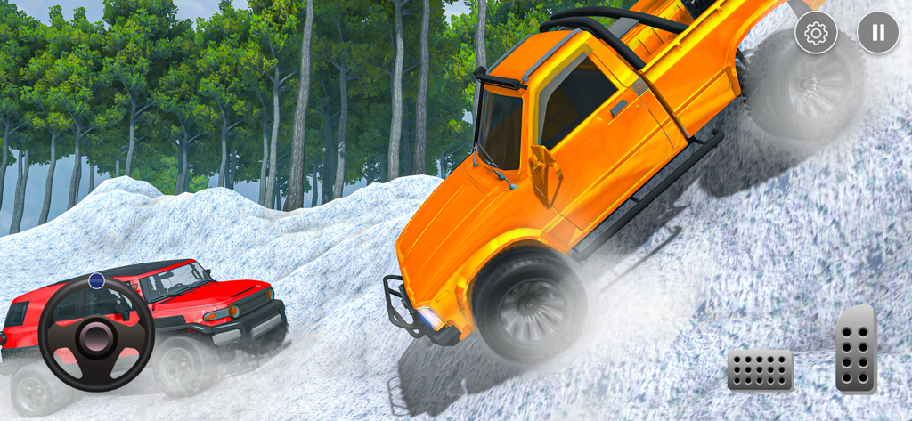 Offroad Pickup Truck Driving - Camioneta todoterreno naranja subiendo una colina nevada empinada en un juego simulador de conducción 3D