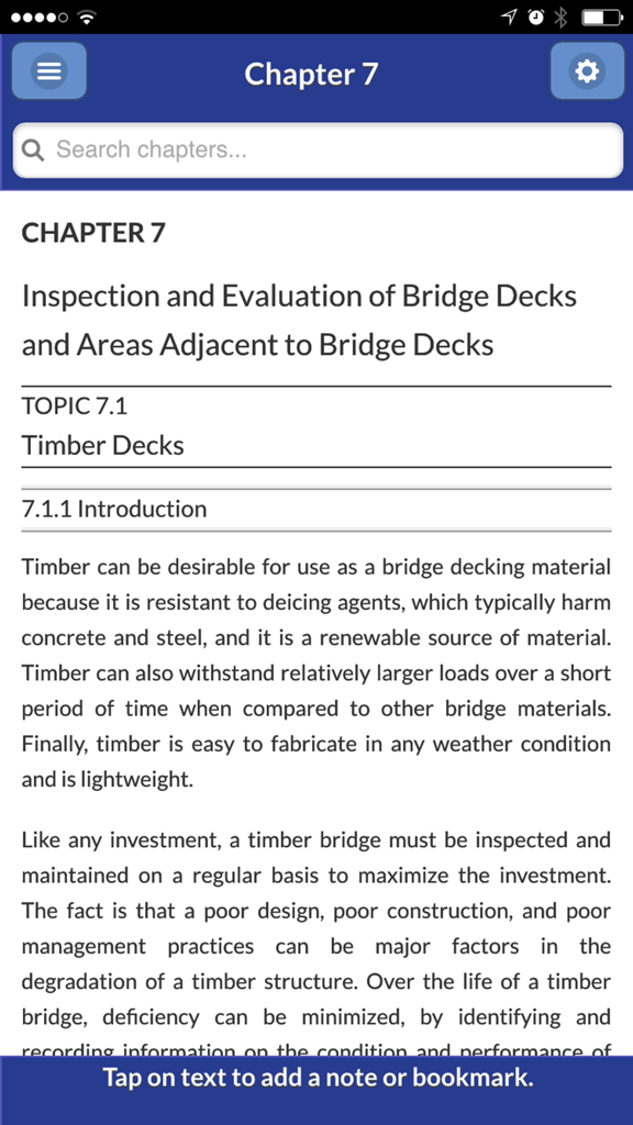 BIRM Mobile App - BIRM Mobile App interface showing Chapter 7 on timber bridge deck inspection