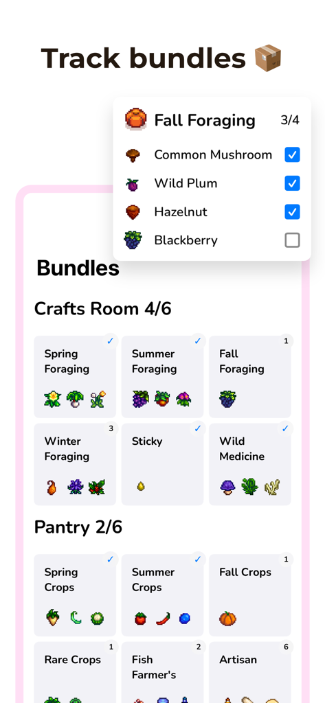Assistant for Stardew Valley - A checklist for tracking Community Center bundles in the Assistant for Stardew Valley app.