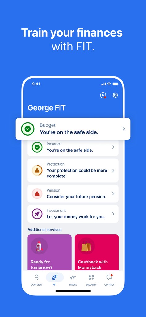 George FIT-Oberfläche in der George Österreich App, die ein Finanz-Dashboard mit Budget- und Anlagestatus zeigt