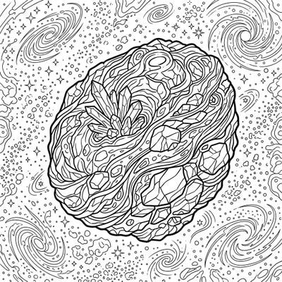 Dive into the mesmerizing beauty of a comet's core with this intricate adult coloring page. Featuring stunning crystal formations amidst cosmic dust and galactic patterns, it offers a challenging and rewarding creative escape.