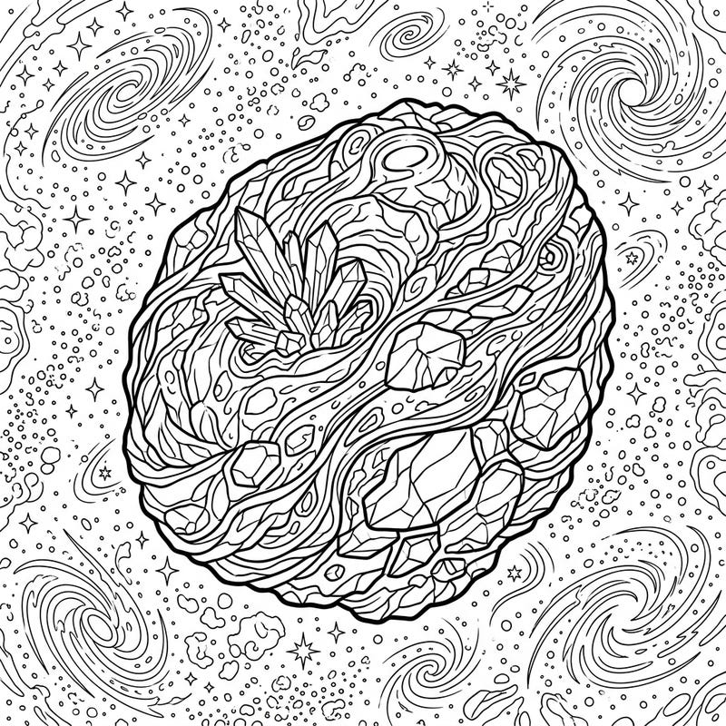 Dive into the mesmerizing beauty of a comet's core with this intricate adult coloring page. Featuring stunning crystal formations amidst cosmic dust and galactic patterns, it offers a challenging and rewarding creative escape.