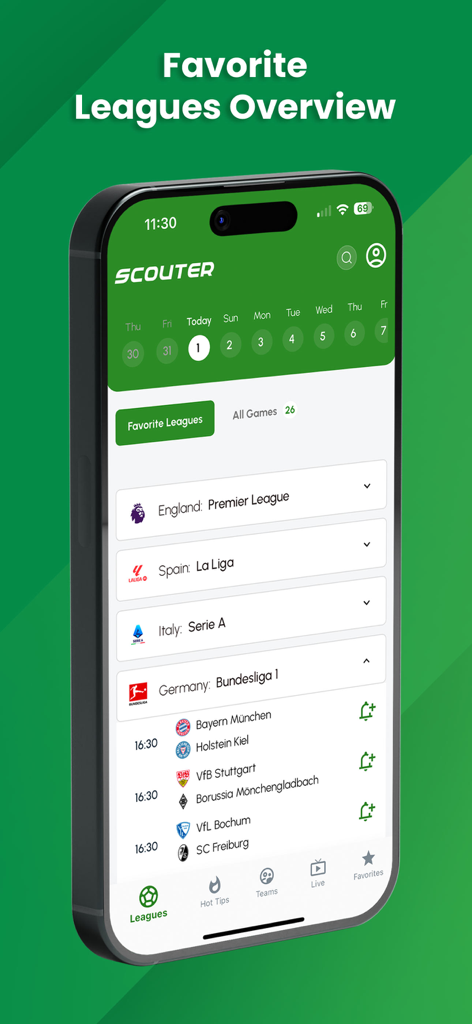 Favorite leagues overview screen in the Scouter soccer betting app showing matches for Bundesliga and other top leagues