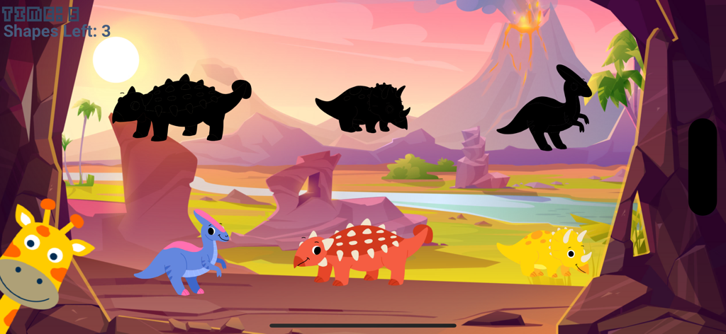 Match Dinos - A toddler educational game screen where colorful dinosaurs are matched to their black silhouettes in a prehistoric landscape with a volcano.