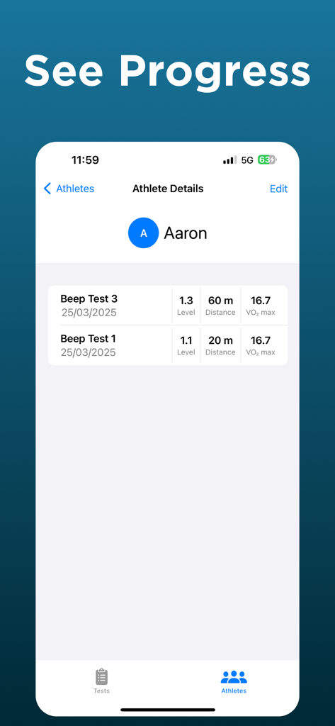 Beep Test for VO2 Max - Athlete progress screen showing historical beep test levels and VO2 max scores
