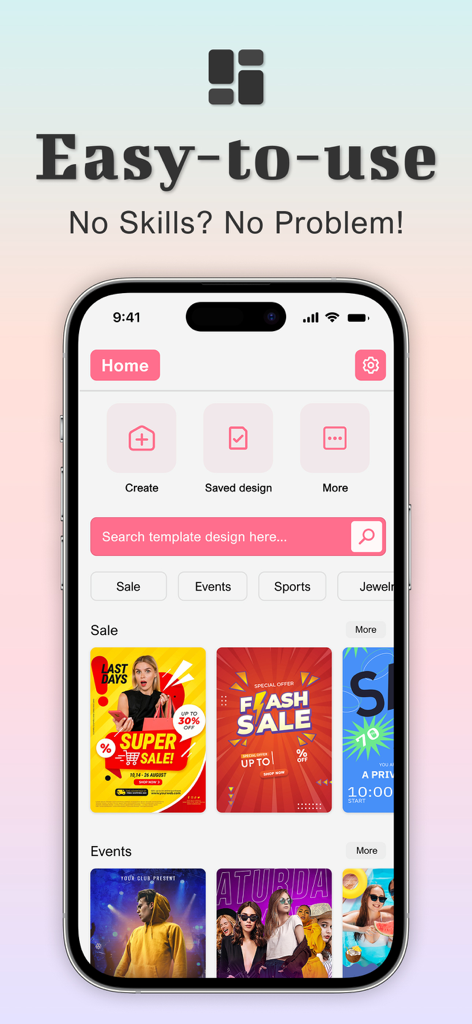 Poster Maker - Flyer Maker Ads - Poster Maker app home screen showing easy-to-use flyer templates for sales and events