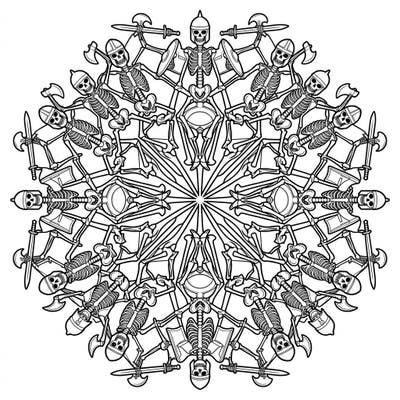 Dive into a world of intricate design with this captivating Warrior Skeleton Mandala coloring page. This unique template combines fierce skeletal warriors with the serene beauty of a symmetrical mandala, offering a truly engaging coloring experience.