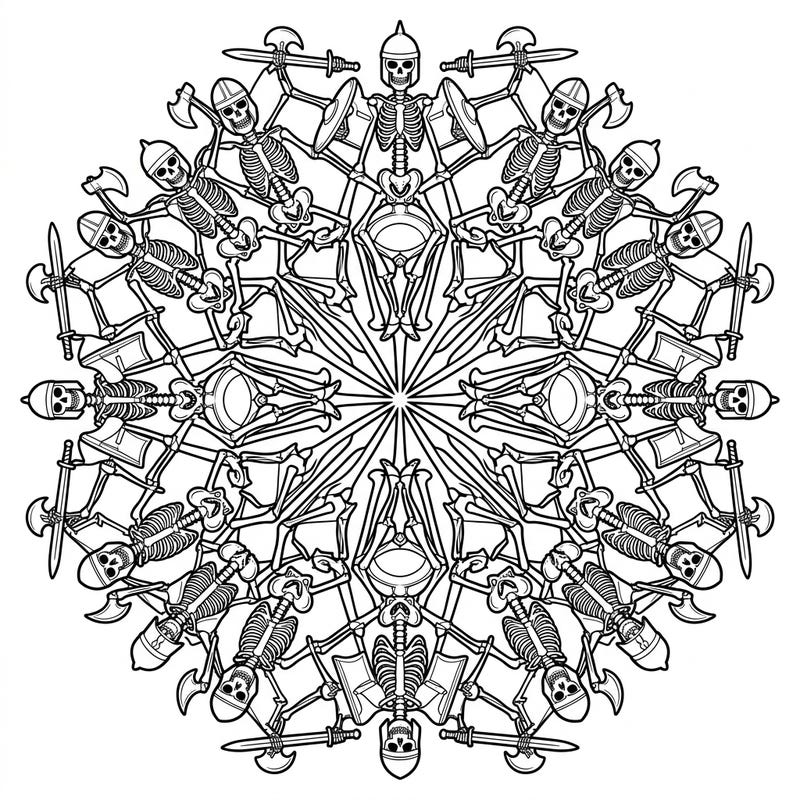 Dive into a world of intricate design with this captivating Warrior Skeleton Mandala coloring page. This unique template combines fierce skeletal warriors with the serene beauty of a symmetrical mandala, offering a truly engaging coloring experience.