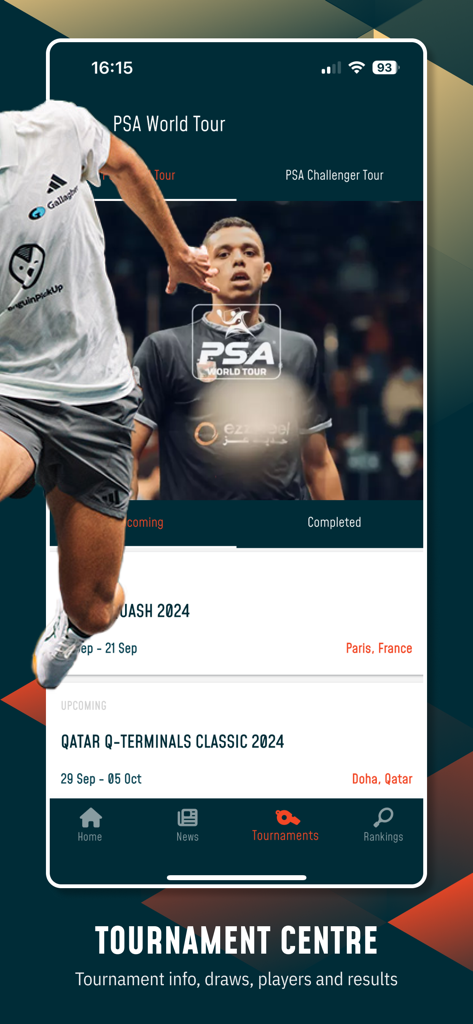 PSA Squash Tour app showing the Tournament Centre with upcoming squash tournaments and player information