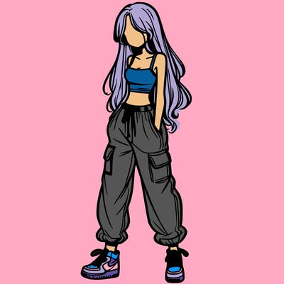 girl in baggy pants crop top and long hair
