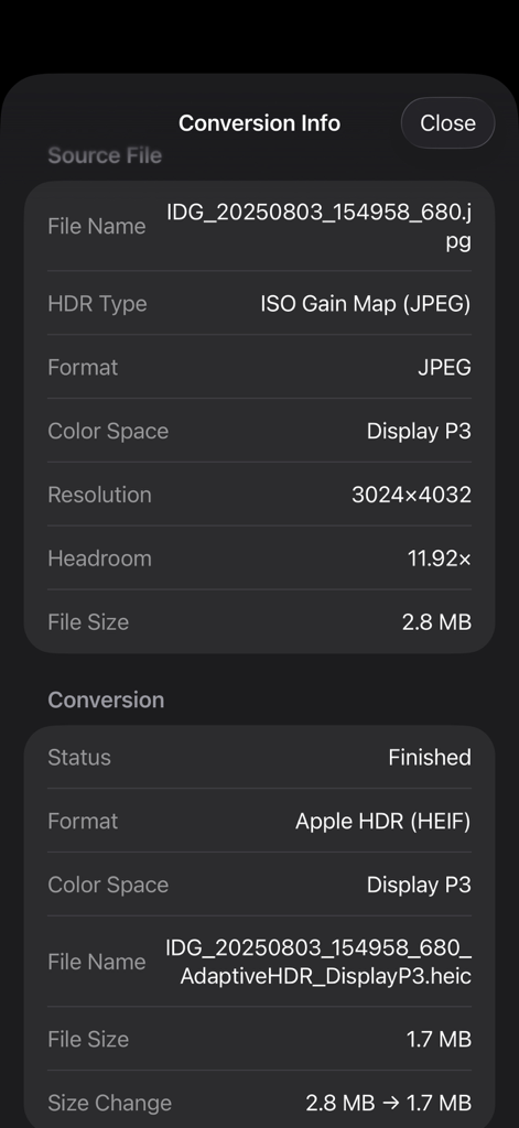 ISO Gain Map JPEGからApple HDR HEIFフォーマットに変換された写真のメタデータを示す技術サマリー画面。