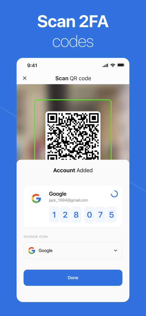 Googleアカウントの2FAセキュリティコードを追加するためにQRコードをスキャンするモバイルアプリのインターフェイス