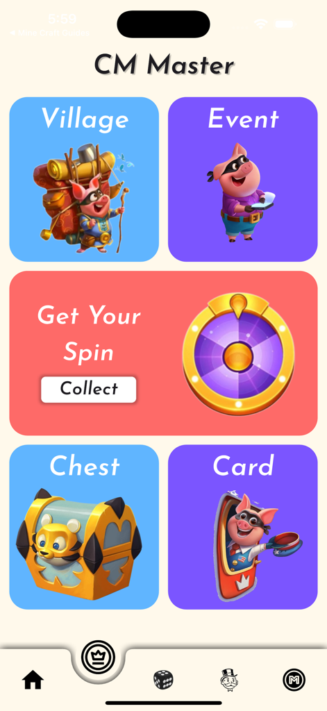 CM Link Daily Spins & Dice - Interface for collecting daily spins and rewards in the CM Master app