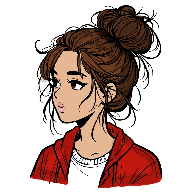 realistic teenage girl with a messy bun