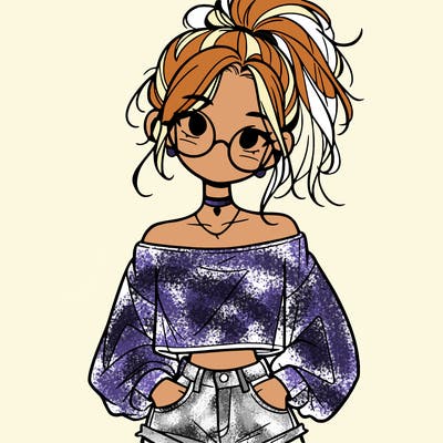 girl with a messy ponytail glasses a baggy crop top and jean shorts
