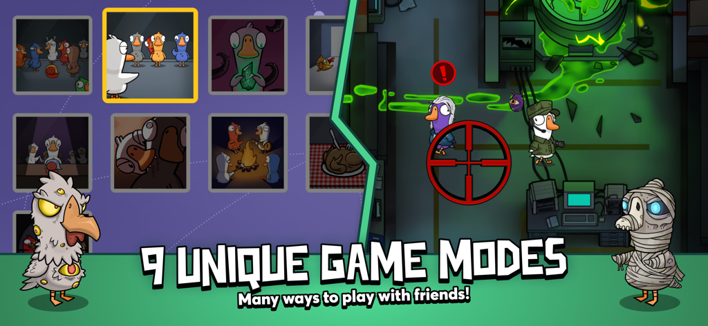 Goose Goose Duck screenshot highlighting nine unique game modes and customizable character skins