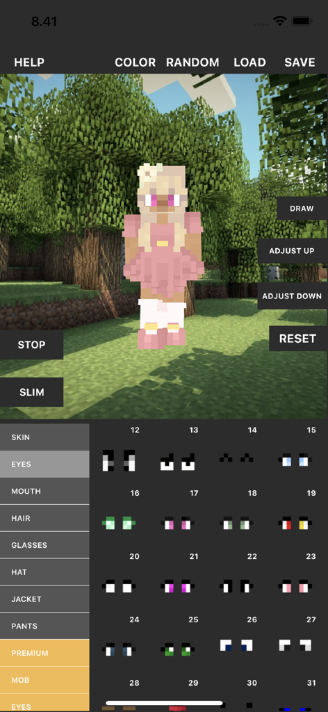 Custom Skin Creator - Interfaz de la aplicación Creador de Skins Personalizadas mostrando un personaje 3D de Minecraft con opciones para personalizar ojos y cabello