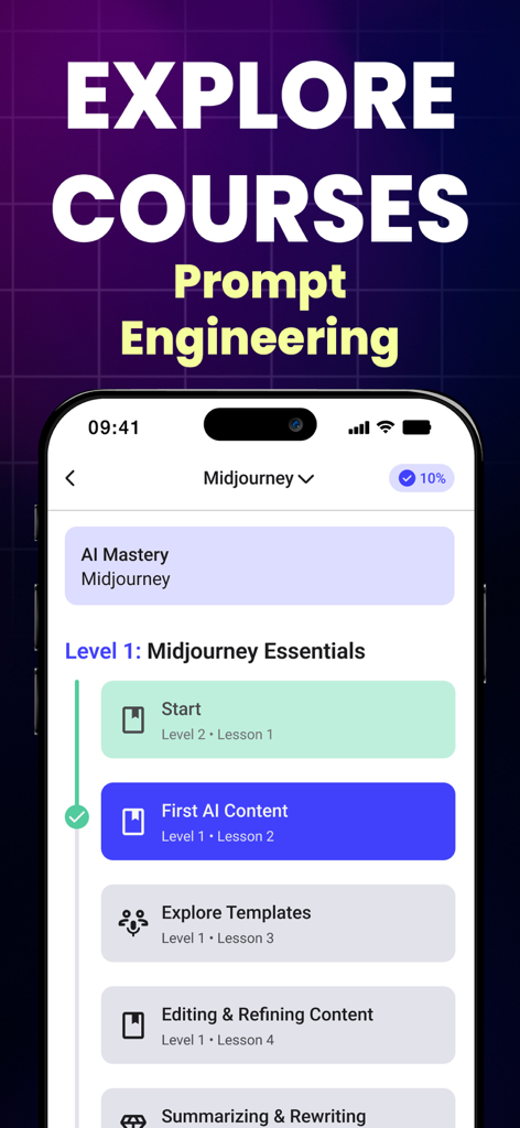 Mobile Bildschirmansicht der Courzy-App, die einen Lehrplan für den Midjourney KI-Kurs mit Lektionen über Prompt Engineering und Content-Erstellung zeigt