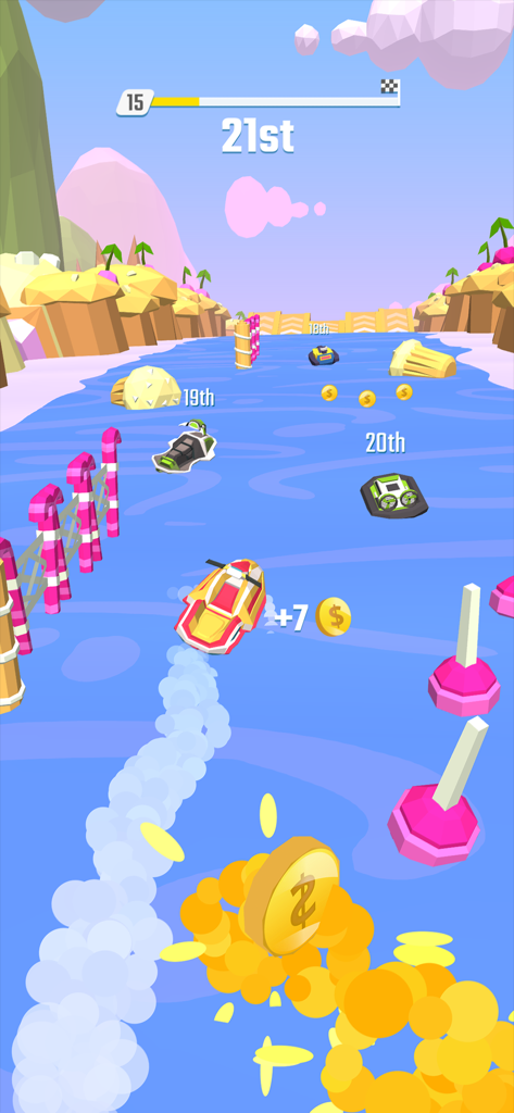 Flippy Race gameplay showing a jet ski racing on a colorful water course while collecting gold coins
