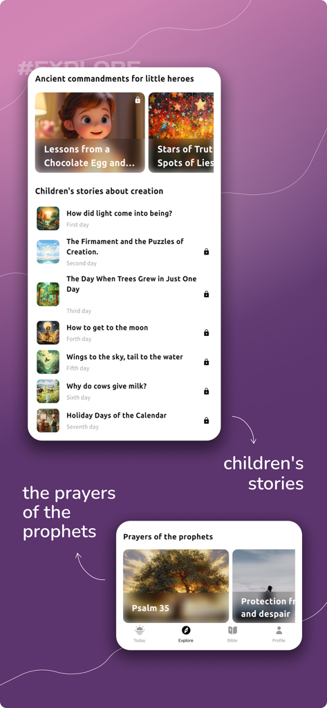 Adventist Devotional  Readings - Explore screen of the Adventist Devotional app featuring children's Bible stories and prayers of the prophets.
