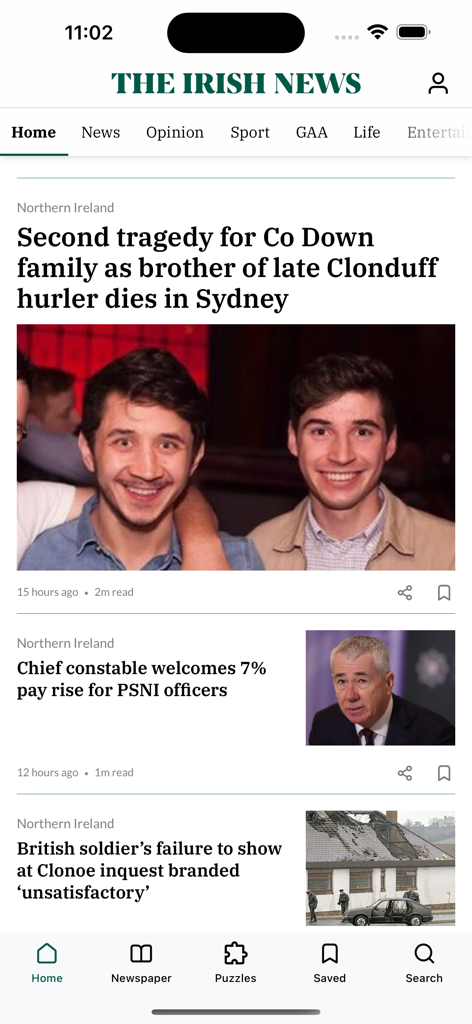 The Irish News Digital Edition - Mobile application interface of The Irish News showing current news articles and navigation for GAA and sport