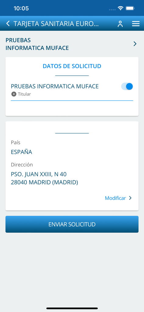 Screenshot of the Muface Movil app interface for requesting a European Health Insurance Card featuring the request data and a send request button