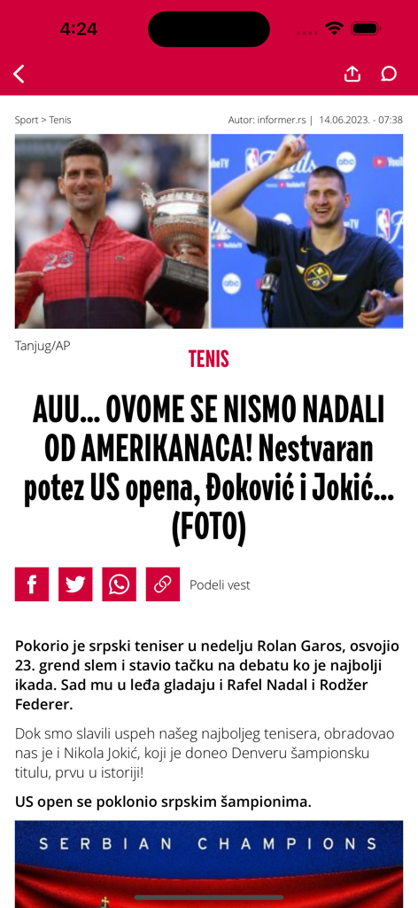 Informer novine - Screenshot of the Informer novine app showing a news article featuring Serbian athletes Novak Djokovic and Nikola Jokic
