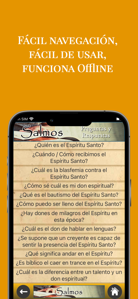 Salmos Bíblicos - Interfaz de aplicación móvil que muestra una lista de preguntas y respuestas bíblicas en español sobre el Espíritu Santo.