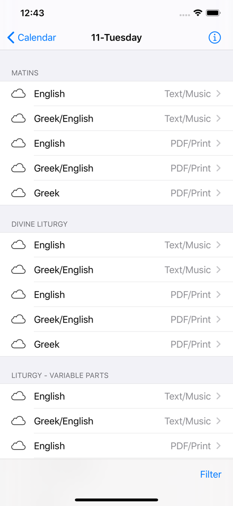 Digital Chant Stand - Selection screen for Matins and Divine Liturgy texts in English and Greek