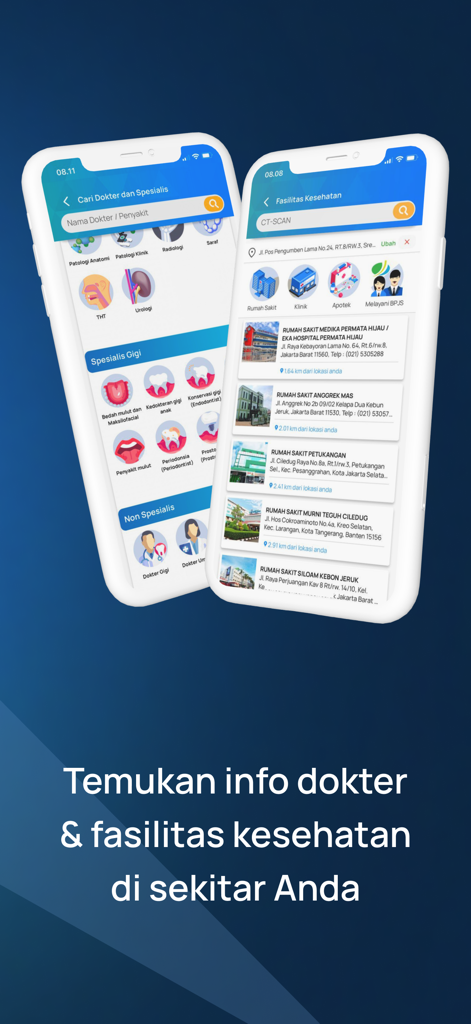 Medicastore - Screenshots of the Medicastore app showing doctor and health facility search features in Indonesia