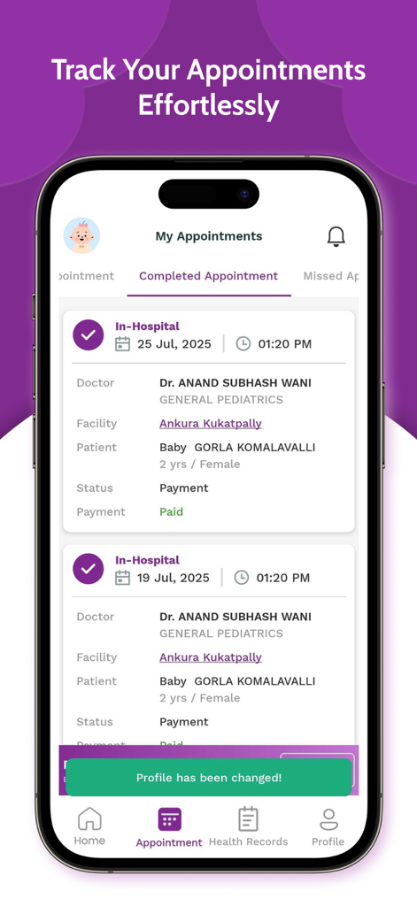 Ankura Health+ - Interface of the Ankura Health plus app showing a list of completed pediatric appointments with doctor details and payment status.