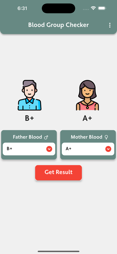 Mobile app interface of Blood Group Checker showing input fields for father and mother blood types