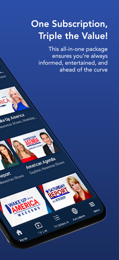 Newsmax - Newsmaxアプリがサブスクリプションの価値や様々な保守系ニュース番組を強調しているスマートフォンの画面。