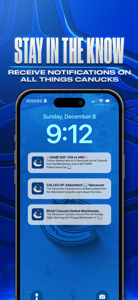 Canucks - Smartphone lock screen showing Vancouver Canucks app notifications for game day news and player updates
