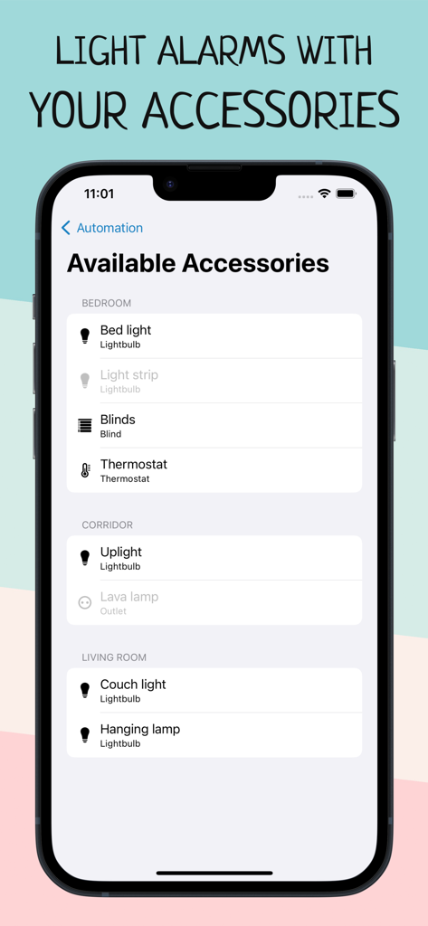 Wake Up Light – Sunrise Alarm - Capture d'écran de l'application Réveil Lumineux montrant une liste d'accessoires HomeKit disponibles tels que des ampoules et des stores intelligents, classés par pièce pour les automatisations de lever de soleil.