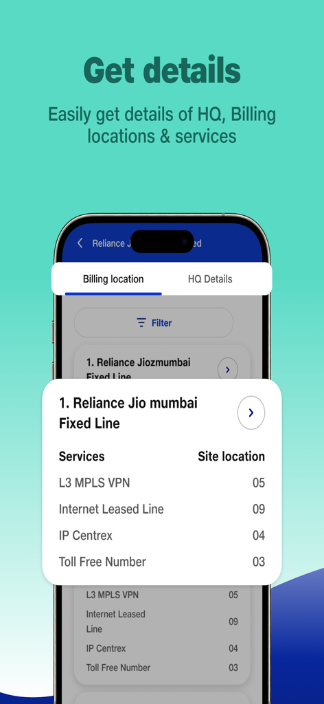 JioBusiness - JioBusiness app screen displaying billing locations and fixed line service details