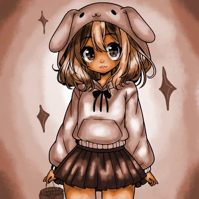 pretty anime girl wearing a fluffy hoodie with bunny ears on the hood and a skirt
