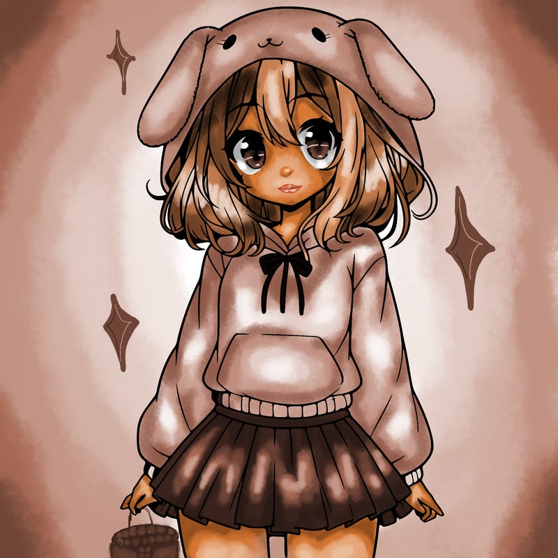 pretty anime girl wearing a fluffy hoodie with bunny ears on the hood and a skirt