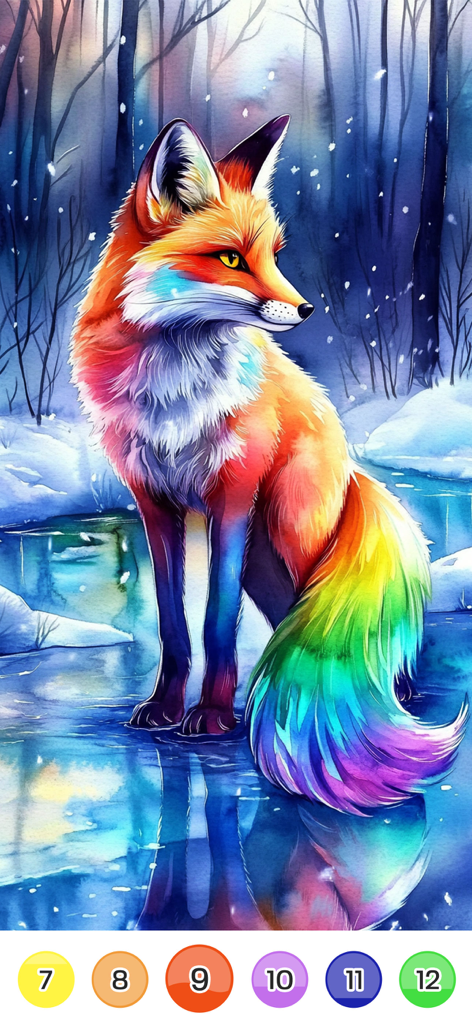 Color Up: Color By Number - A colorful rainbow fox in a snowy forest landscape from the Color Up paint by number app