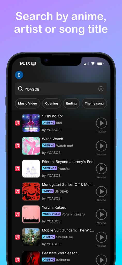 AniPlaylist - Interfaz de la aplicación AniPlaylist mostrando una búsqueda del artista YOASOBI con resultados de canciones de anime de Oshi no Ko y Frieren