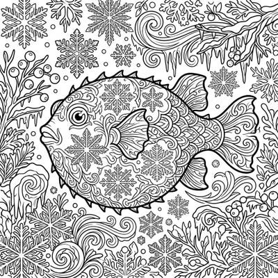 Explore the enchanting blend of marine life and frosty charm with this stunning adult coloring page featuring a highly detailed pufferfish. Adorned with delicate snowflakes and surrounded by a winter wonderland, it promises hours of relaxing creative fun.