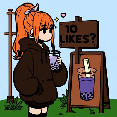 girl with oversized hoodie drinking boba and she has a high ponytail with a sign that says 10likes?