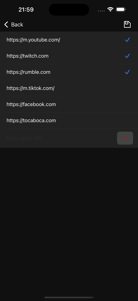 Video Tube：Video&Music Player - Interfaz que muestra una lista de accesos directos de enlaces rápidos para plataformas de video como YouTube y Twitch dentro de la aplicación