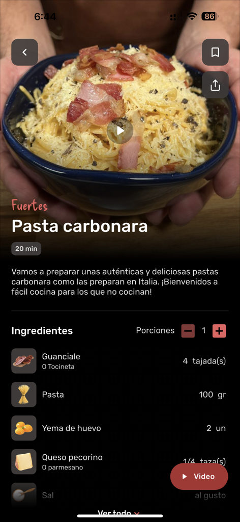 Tulio - Pasta carbonara recipe screen in the Tulio app showing ingredients list and cooking time