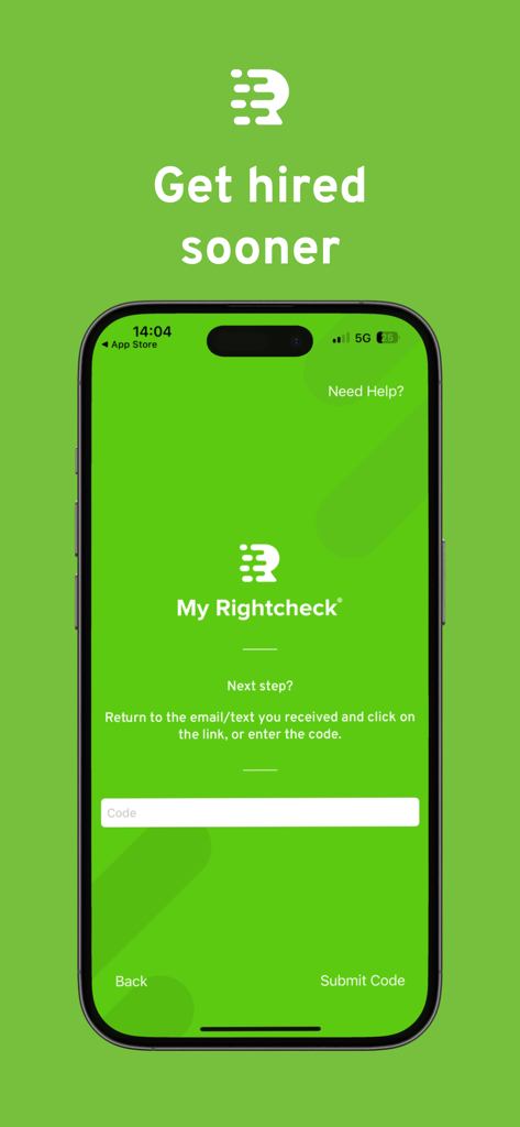 My Rightcheck - My Rightcheckモバイルアプリの画面に、雇用オンボーディングのための確認コード入力フィールドが表示されています